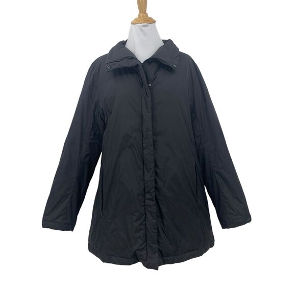 Eileen Fisher Stand Collar Winter Down Jacket Womens L Black Snap Button Puffer